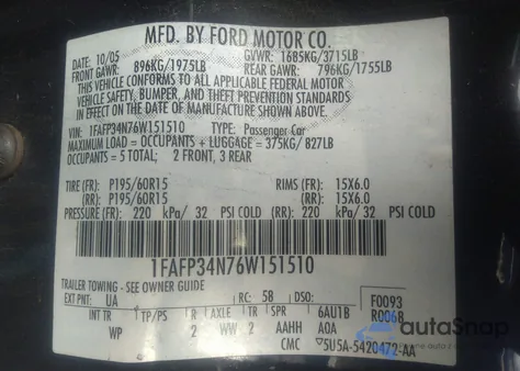 2006 Ford Focus Zx4 из США, поврежденный, VIN 1FAFP34N76W151510